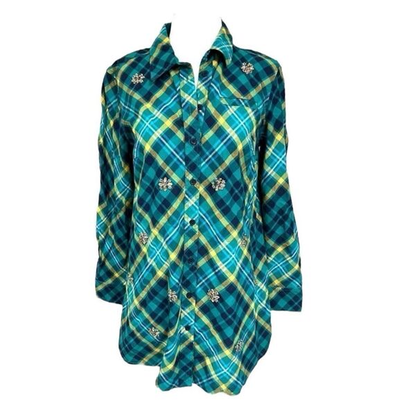 Kim Rogers Green Plaid Button Down Top with Rhinestone Embellishments Size 2X - Picture 2 of 12